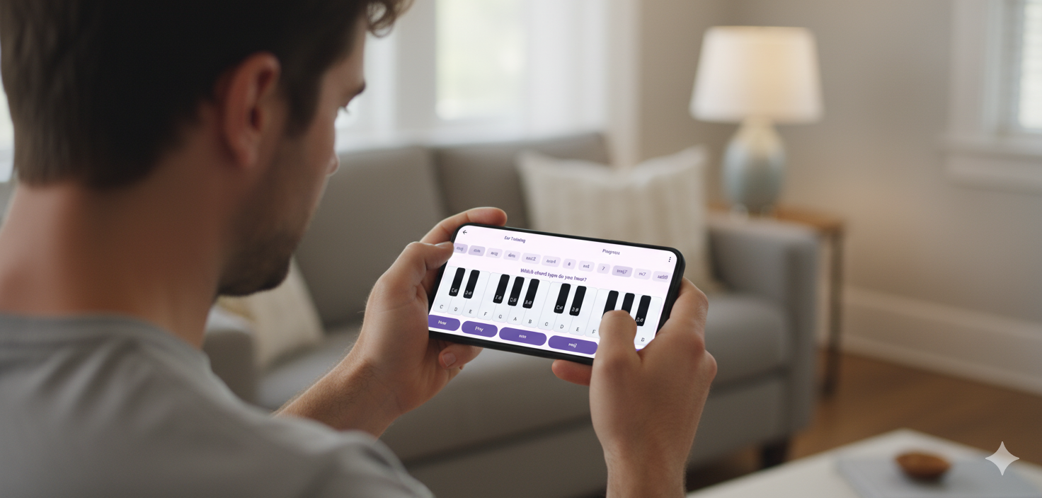 Person practicing on a phone with ChordWise